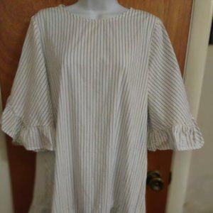 White with Black Pinstripe Dress,  Flared Sleeves, Belted, S